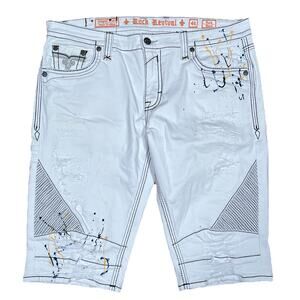 Rock Revival Jean Shorts 46” 44Tag White Rodd Denim Y2K Grunge Abstract Paint‎